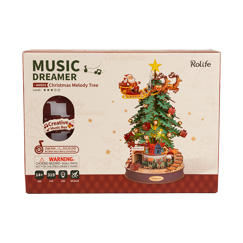 Rolife AMS01 Yılbaşı Ağacı Müzik Kutusu (Christmas Melody Tre) DIY Minyatür Maket Model Seti Ahşap 3D Wooden Puzzle 3D Model Kit Detaylı Dekoratif Hobi Seti Ahşap Maket