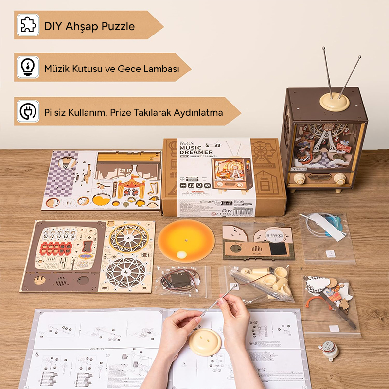 Rolife AMT01 Dönme Dolaplı Müzik Kutusu (Sunset Carnival) DIY Minyatür Maket Model Seti Ahşap 3D Wooden Puzzle 3D Model Kit Detaylı Dekoratif Hobi Seti Ahşap Maket