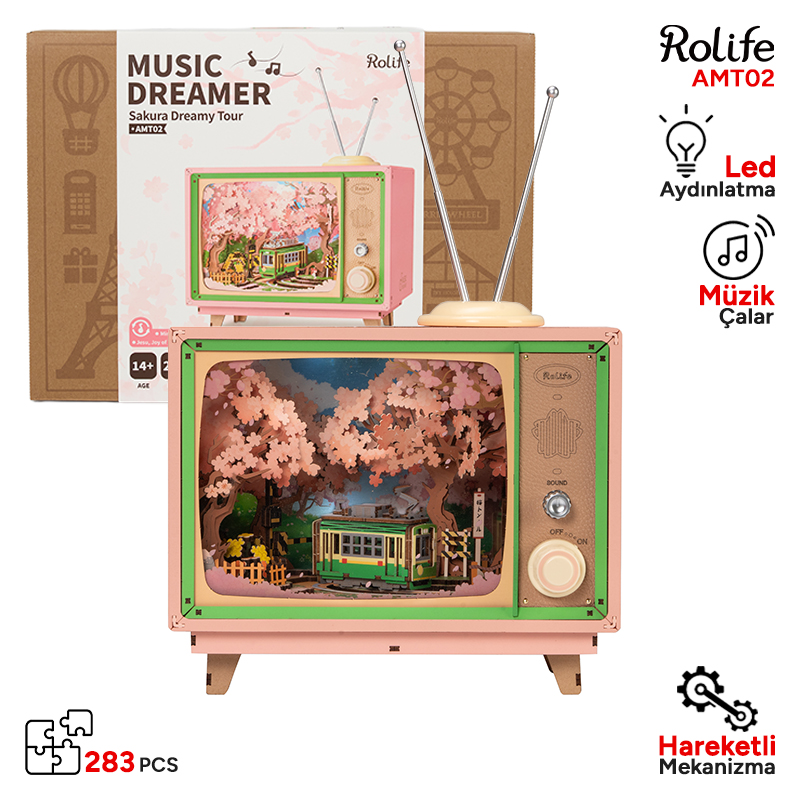 Rolife AMT02 TV Görünümlü Müzik Kutusu (Sakura Dreamy Tour) DIY Minyatür Maket Model Seti Ahşap 3D Wooden Puzzle 3D Model Kit Detaylı Dekoratif Hobi Seti Ahşap Maket