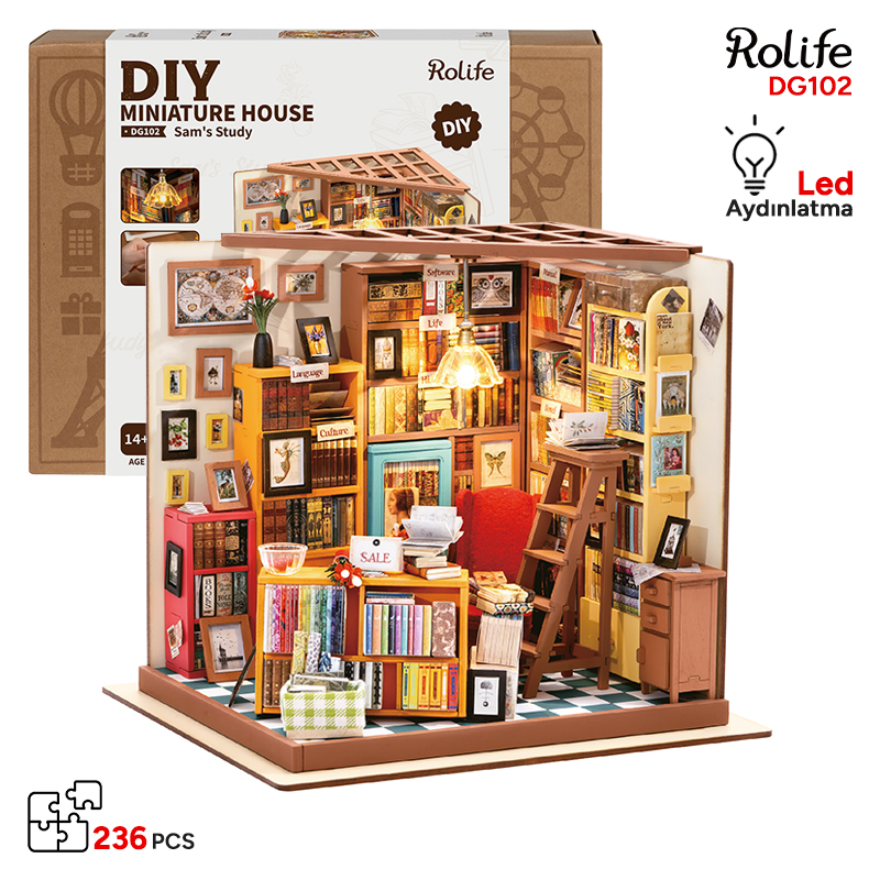 Rolife DG102 Sam'in Çalışma Odası (Sam's Study Room) DIY Minyatür Maket Model Seti Mini Dollhouse 3D Model Kit Detaylı Dekoratif Hobi Seti 3D Puzzle Tiny House