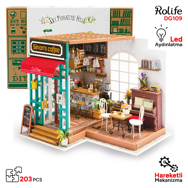 Rolife DG109 Simon'ın Kahve Dükkanı (Simon's Coffee)DIY Minyatür Maket Model Set Miniature Dollhouse 3D Model Kit Detaylı Dekoratif Hobi Seti 3D Puzzle Tiny House