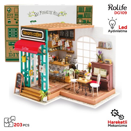 Rolife - Rolife DG109 Simon'ın Kahve Dükkanı (Simon's Coffee)DIY Minyatür Maket Model Set Miniature Dollhouse 3D Model Kit Detaylı Dekoratif Hobi Seti 3D Puzzle Tiny House
