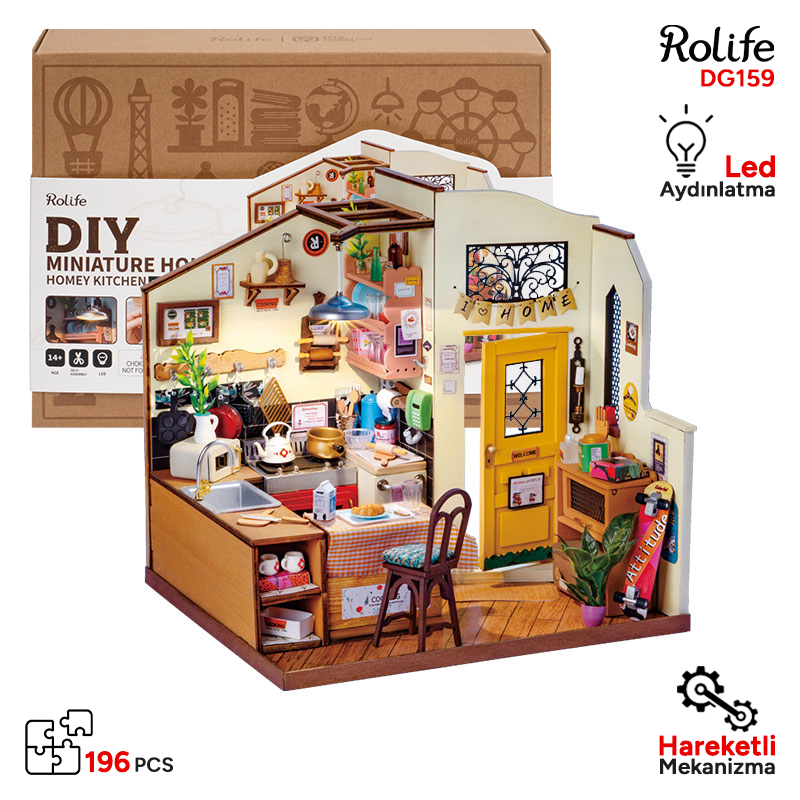 Rolife DG159 Rahat Mutfak (Cozy Kitchen) DIY Minyatür Maket Model Seti Mini Dollhouse 3D Model Kit Detaylı Dekoratif Hobi Seti 3D Puzzle Tiny House