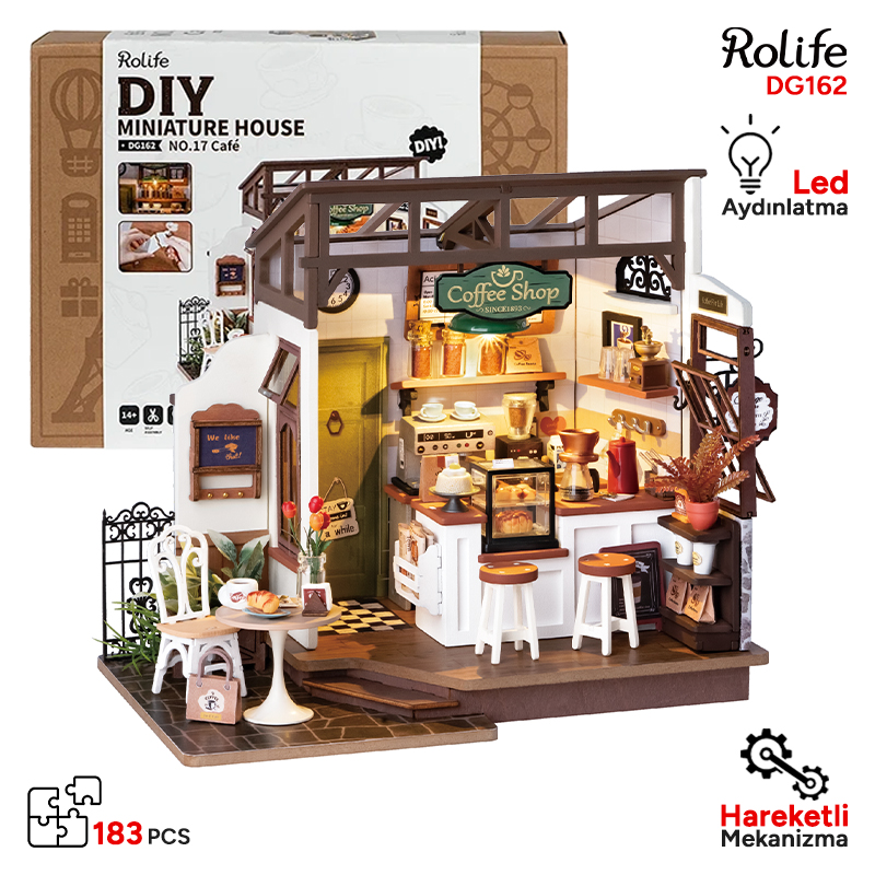 Rolife DG162 Kafe (NO.17 Slow Life Cafe) DIY Minyatür Maket Model Seti Mini Dollhouse 3D Model Kit Detaylı Dekoratif Hobi Seti 3D Puzzle Tiny House