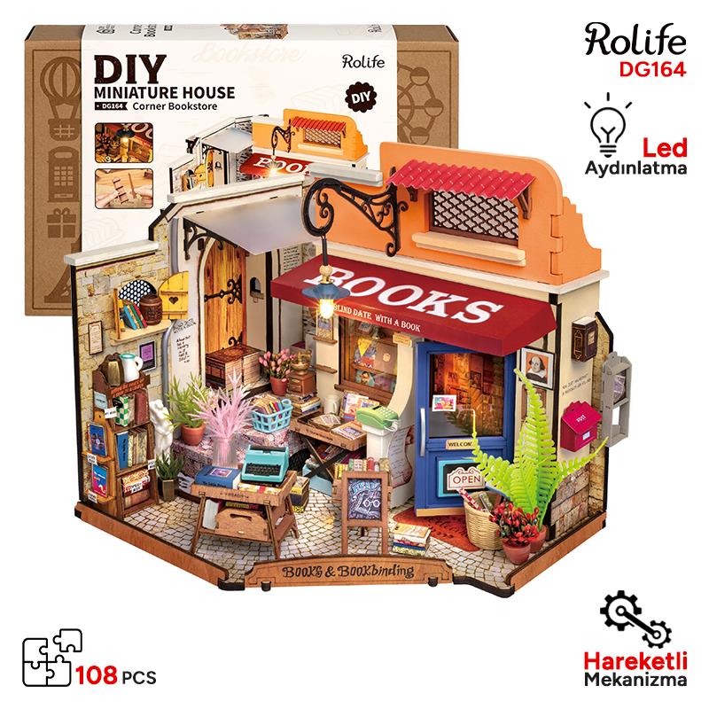 Rolife DG164 Köşe Kitabevi (Corner Bookstore) DIY Minyatür Maket Model Seti Mini Dollhouse 3D Model Kit Detaylı Dekoratif Hobi Seti 3D Puzzle Tiny House
