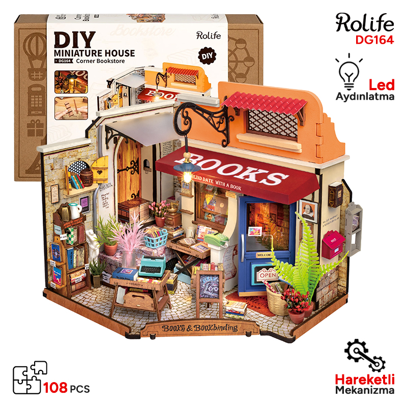 Rolife DG164 Köşe Kitabevi (Corner Bookstore) DIY Minyatür Maket Model Seti Mini Dollhouse 3D Model Kit Detaylı Dekoratif Hobi Seti 3D Puzzle Tiny House