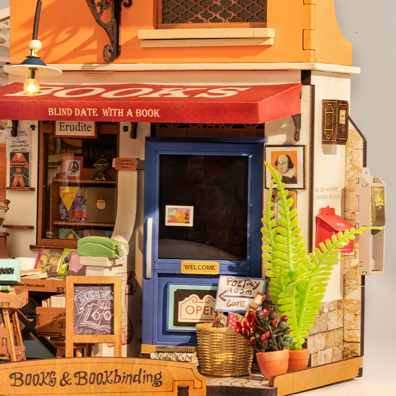 Rolife DG164 Köşe Kitabevi (Corner Bookstore) DIY Minyatür Maket Model Seti Mini Dollhouse 3D Model Kit Detaylı Dekoratif Hobi Seti 3D Puzzle Tiny House