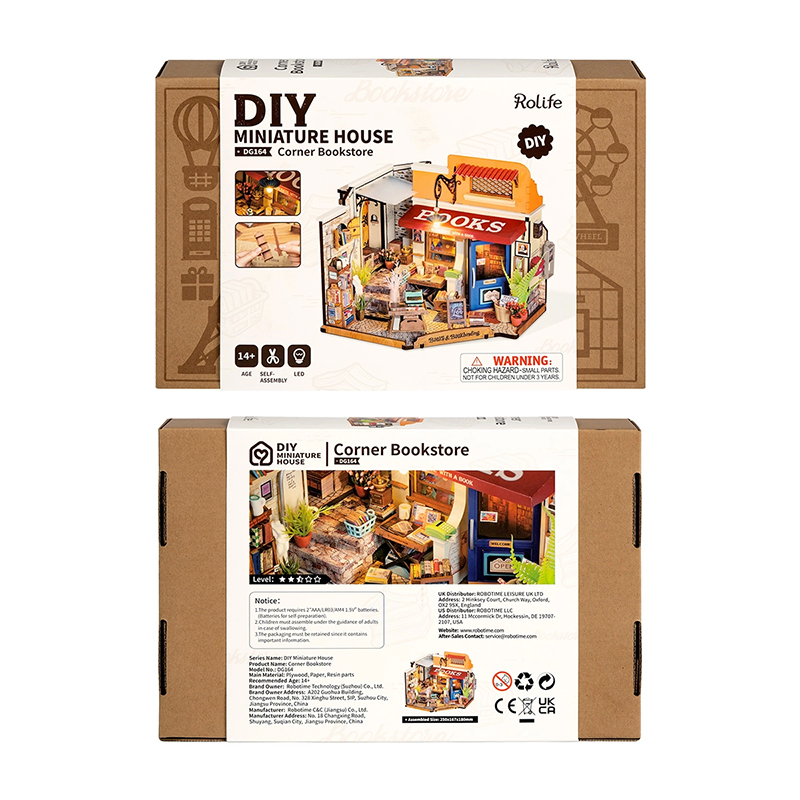 Rolife DG164 Köşe Kitabevi (Corner Bookstore) DIY Minyatür Maket Model Seti Mini Dollhouse 3D Model Kit Detaylı Dekoratif Hobi Seti 3D Puzzle Tiny House