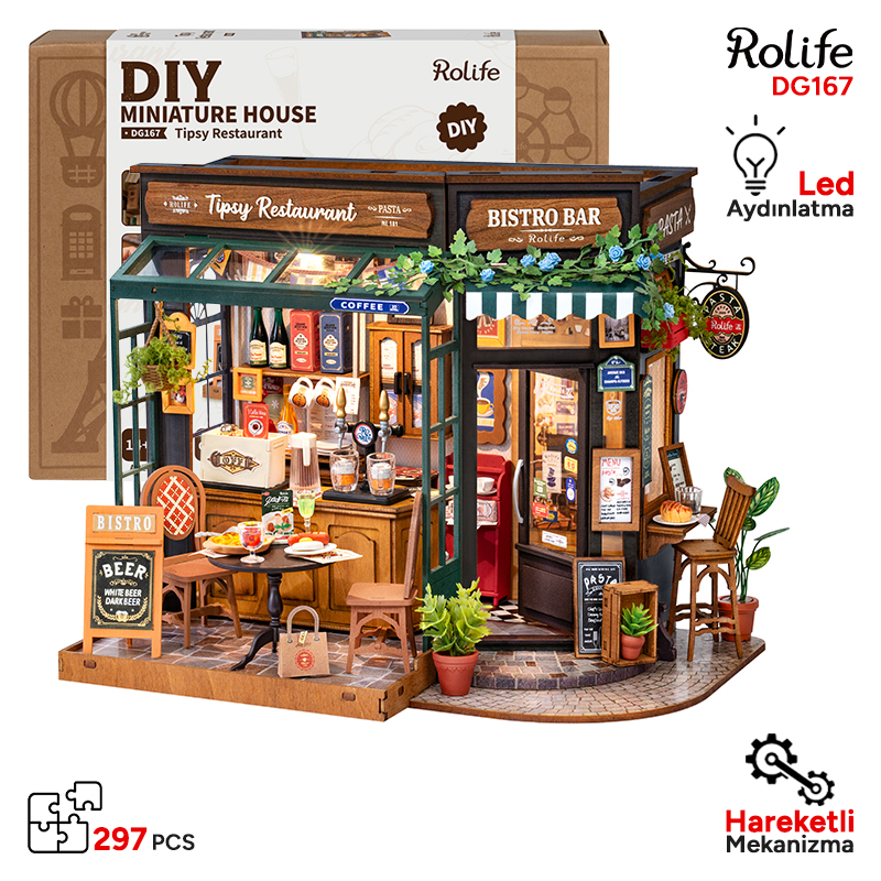 Rolife DG167 İçkili Restoran (Tipsy Restaurant) DIY Minyatür Maket Model Seti Mini Dollhouse 3D Model Kit Detaylı Dekoratif Hobi Seti 3D Puzzle Tiny House