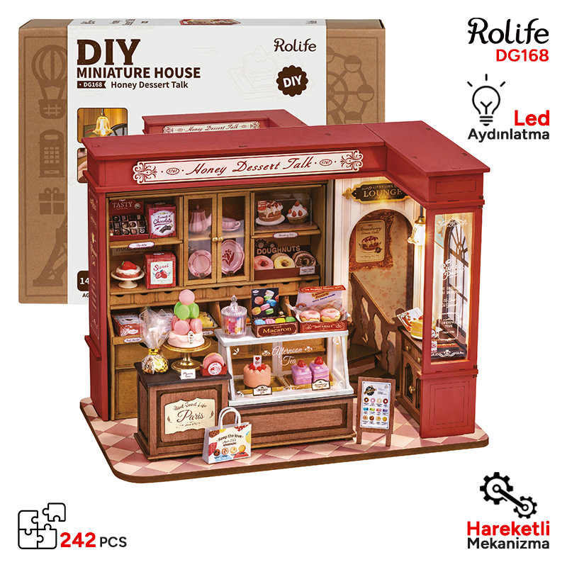 Rolife DG168 Tatlı Dükkanı (Honey Dessert Talk) DIY Minyatür Maket Model Seti Mini Dollhouse 3D Model Kit Detaylı Dekoratif Hobi Seti 3D Puzzle Tiny House