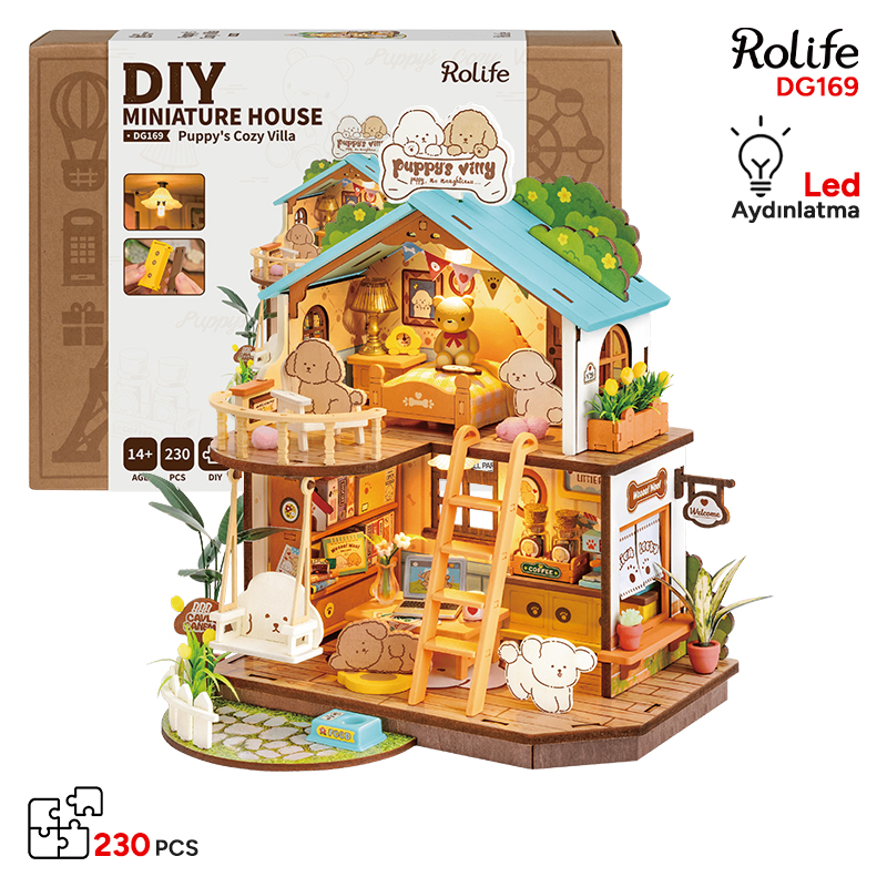 Rolife DG169 Yavru Köpeğin Sevimli Evi Puppy's Cozy Villa DIY Minyatür Maket ModelSet Mini Dollhouse 3D Model Kit Detaylı Dekoratif Hobi Seti 3D Puzzle Tiny House