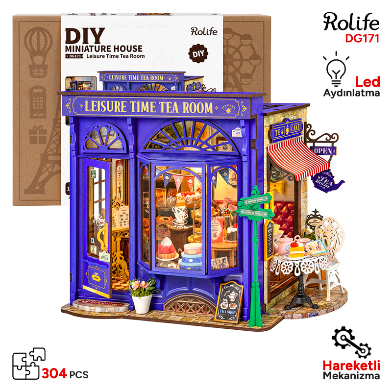 Rolife DG171 Çay Dükkanı (Leisure Time Tea Room) DIY Minyatür Maket Model Seti Mini Dollhouse 3D Model Kit Detaylı Dekoratif Hobi Seti 3D Puzzle Tiny House