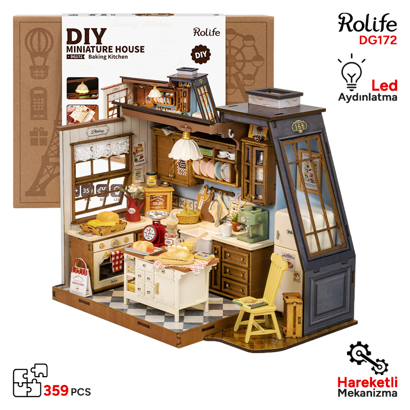 Rolife DG172 Mutfak Odası (Baking Kitchen) DIY Minyatür Maket Model Seti Mini Dollhouse 3D Model Kit Detaylı Dekoratif Hobi Seti 3D Puzzle Tiny House