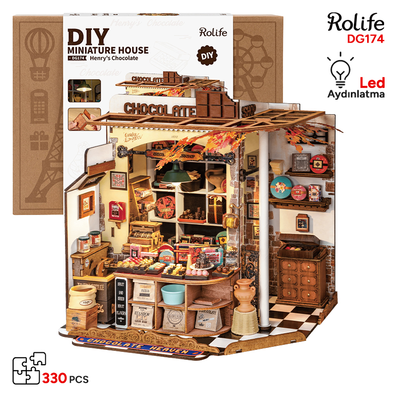 Rolife DG174 Henry'nin Çikolata Dükkanı Henry's Chocolate DIY Minyatür Maket ModelSet Mini Dollhouse 3D Model Kit Detaylı Dekoratif Hobi Seti 3D Puzzle Tiny House