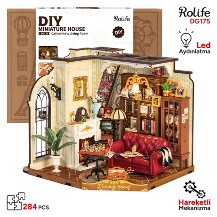 Rolife - Rolife DG175 Catherine'in Oturma Odası Catherine's Living Room DIY Minyatür Model Set Mini Dollhouse 3D Model Kit Detaylı Dekoratif Hobi Seti 3D Puzzle Tiny House