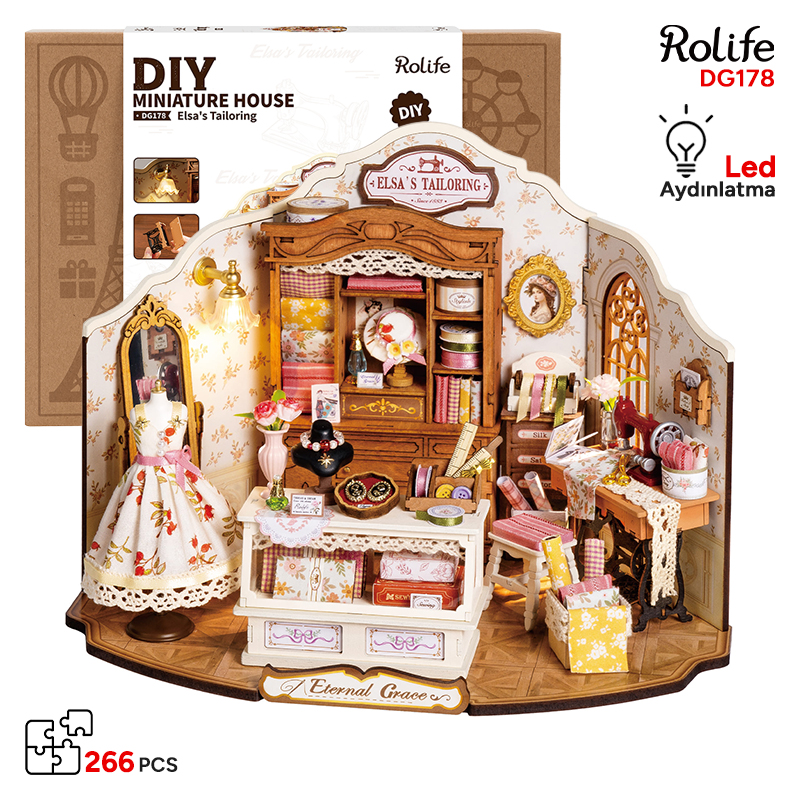 Rolife DG178 Elsa'nın Terzi Dükkanı (Elsa's Tailoring) DIY Minyatür Maket Model Seti Mini Dollhouse 3D Model Kit Detaylı Dekoratif Hobi Seti 3D Puzzle Tiny House
