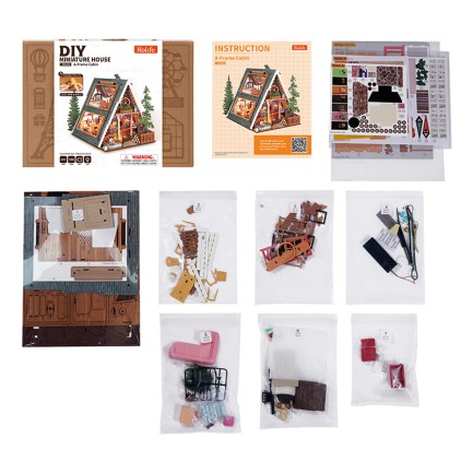 Rolife DG181 Üçgen Tiny House (A-Frame Cabin) DIY Minyatür Maket Model Seti Mini Dollhouse 3D Model Kit Detaylı Dekoratif Hobi Seti 3D Puzzle - Thumbnail