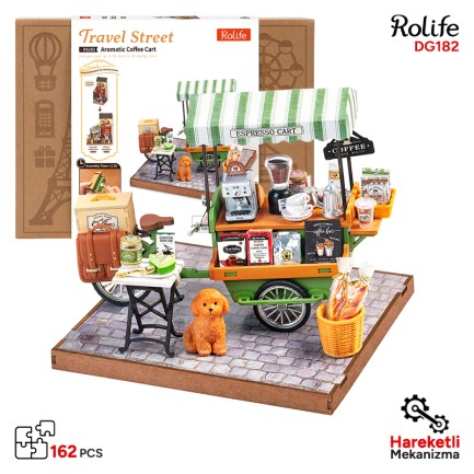Rolife - Rolife DG182 Kahve Arabası (Aromatic Coffee) DIY Minyatür Maket Model Seti Ahşap 3D Wooden Puzzle 3D Model Kit Detaylı Dekoratif Hobi Seti Ahşap Maket