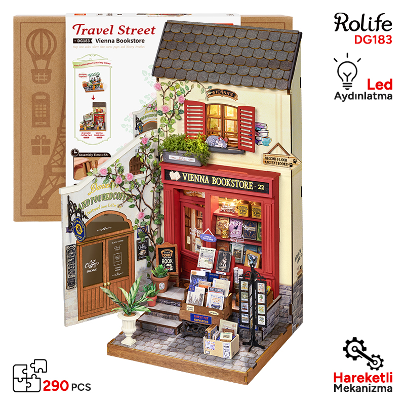 Rolife DG183 Vienna Bookstore Kitap Köşesi Book Nook DIY Minyatür Maket Model Seti Mini Dollhouse 3D Model Kit Detaylı Dekoratif Hobi Seti 3D Puzzle Tiny House