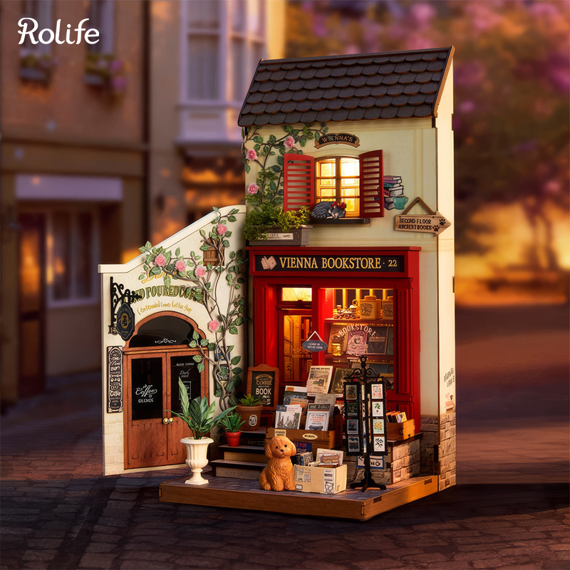 Rolife DG183 Vienna Bookstore Kitap Köşesi Book Nook DIY Minyatür Maket Model Seti Mini Dollhouse 3D Model Kit Detaylı Dekoratif Hobi Seti 3D Puzzle Tiny House