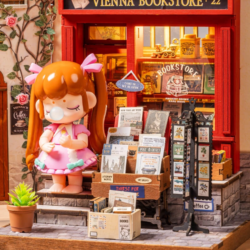 Rolife DG183 Vienna Bookstore Kitap Köşesi Book Nook DIY Minyatür Maket Model Seti Mini Dollhouse 3D Model Kit Detaylı Dekoratif Hobi Seti 3D Puzzle Tiny House