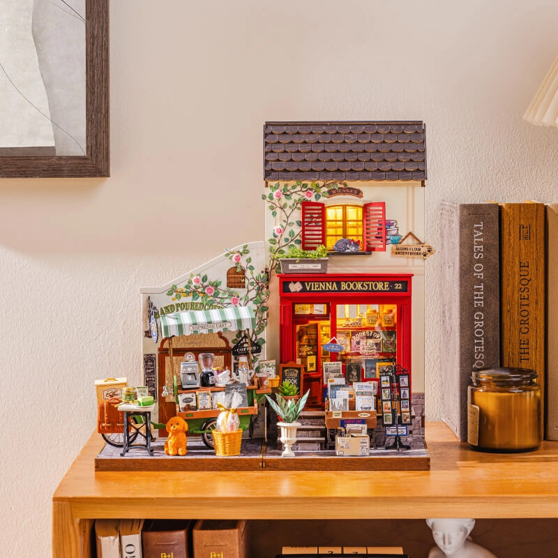 Rolife DG183 Vienna Bookstore Kitap Köşesi Book Nook DIY Minyatür Maket Model Seti Mini Dollhouse 3D Model Kit Detaylı Dekoratif Hobi Seti 3D Puzzle Tiny House