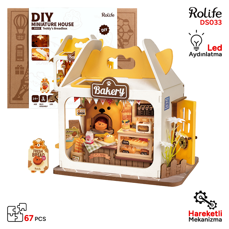 Rolife DS033 Teddy'nin Ekmek Fırını (Teddy's Breadbox) DIY Minyatür Maket Model Seti Mini Dollhouse 3D Model Kit Detaylı Dekoratif Hobi Seti 3D Puzzle Tiny House