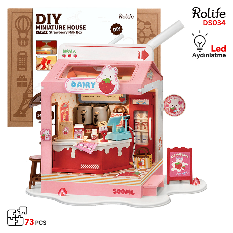 Rolife DS034 Çilekli Süt Dükkanı (Strawberry Milk Box) DIY Minyatür Maket Model Seti Mini Dollhouse 3D Model Kit Detaylı Dekoratif Hobi Seti 3D Puzzle Tiny House