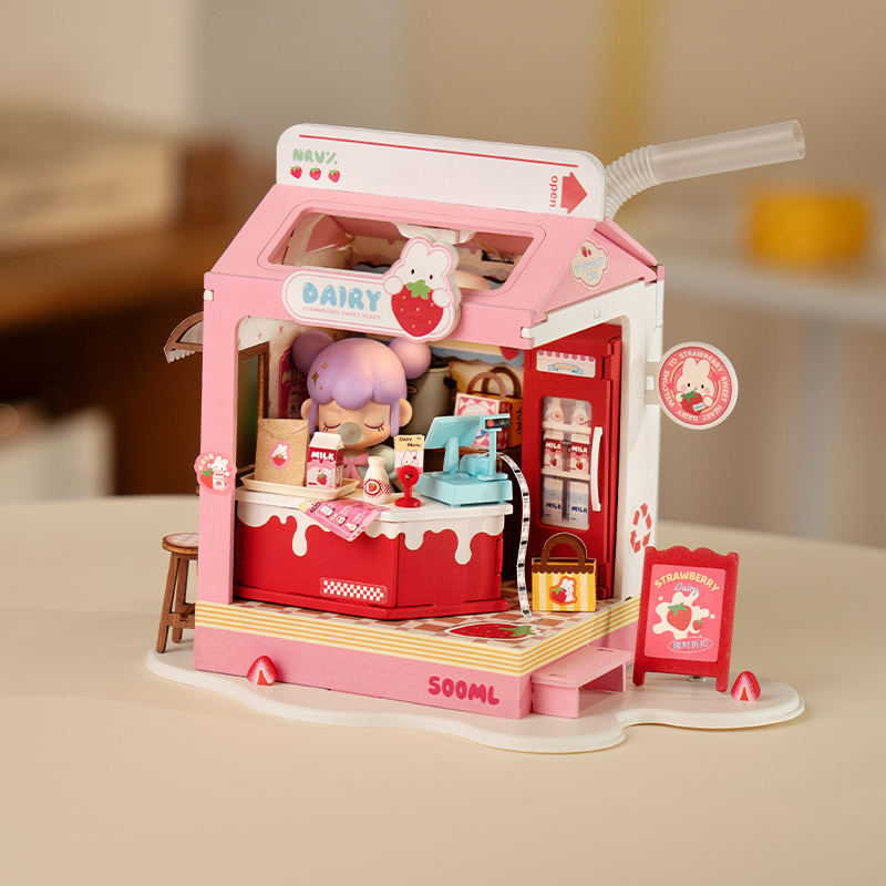 Rolife DS034 Çilekli Süt Dükkanı (Strawberry Milk Box) DIY Minyatür Maket Model Seti Mini Dollhouse 3D Model Kit Detaylı Dekoratif Hobi Seti 3D Puzzle Tiny House