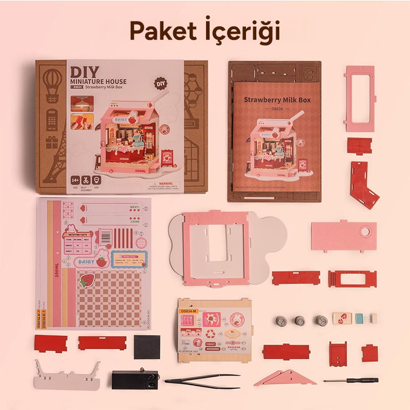 Rolife DS034 Çilekli Süt Dükkanı (Strawberry Milk Box) DIY Minyatür Maket Model Seti Mini Dollhouse 3D Model Kit Detaylı Dekoratif Hobi Seti 3D Puzzle Tiny House