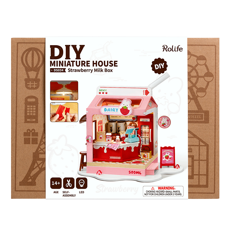 Rolife DS034 Çilekli Süt Dükkanı (Strawberry Milk Box) DIY Minyatür Maket Model Seti Mini Dollhouse 3D Model Kit Detaylı Dekoratif Hobi Seti 3D Puzzle Tiny House