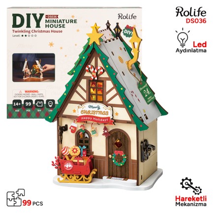 Rolife - Rolife DS036 Parıltılı Noel Evi Twinkling Christmas House DIY Minyatür Maket ModelSet Mini Dollhouse 3D Model Kit Detaylı Dekoratif Hobi Seti 3D Puzzle Tiny House
