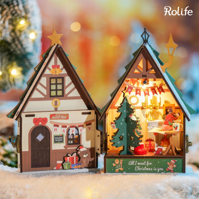 Rolife DS036 Parıltılı Noel Evi Twinkling Christmas House DIY Minyatür Maket ModelSet Mini Dollhouse 3D Model Kit Detaylı Dekoratif Hobi Seti 3D Puzzle Tiny House