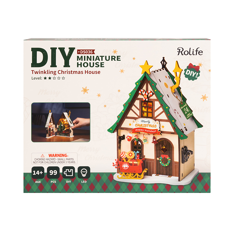 Rolife DS036 Parıltılı Noel Evi Twinkling Christmas House DIY Minyatür Maket ModelSet Mini Dollhouse 3D Model Kit Detaylı Dekoratif Hobi Seti 3D Puzzle Tiny House