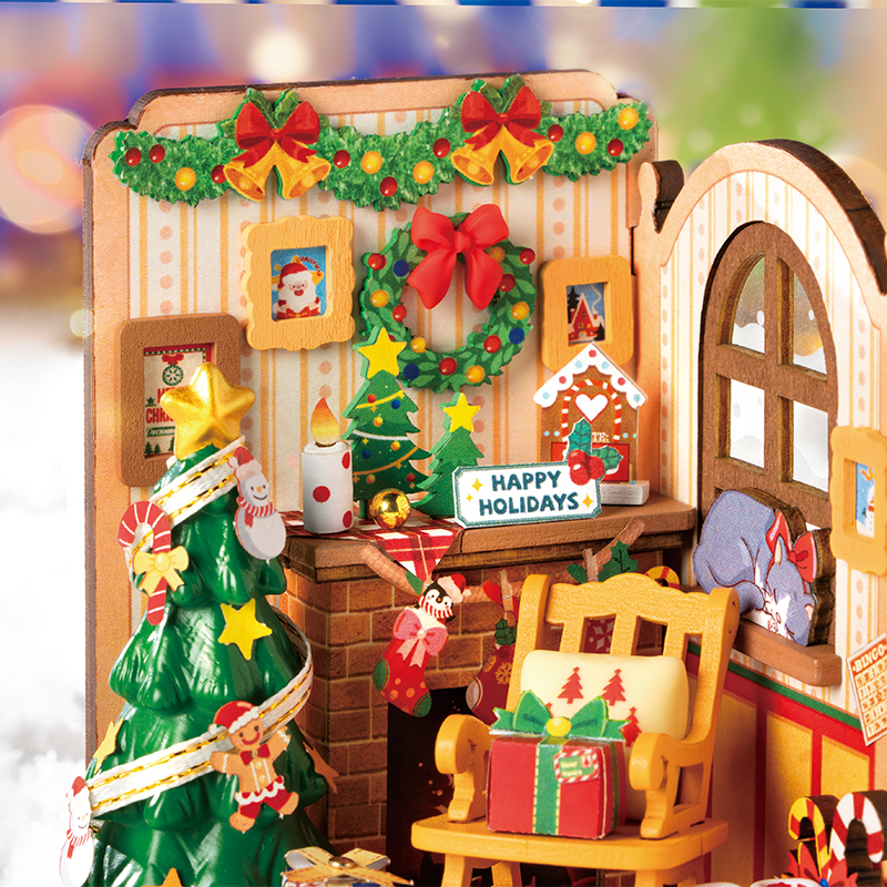 Rolife DS041 Yılbaşı Temalı Ev (Christmas Fireplace) DIY Minyatür Maket Model Seti Mini Dollhouse 3D Model Kit Detaylı Dekoratif Hobi Seti 3D Puzzle Tiny House