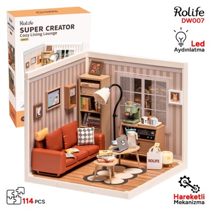 Rolife - Rolife DW007 Konforlu Oturma Odası (Cozy Living Lounge) DIY Minyatür Maket Model Seti Mini Dollhouse 3D Model Kit Detaylı Dekoratif Hobi Seti 3D Puzzle Tiny House