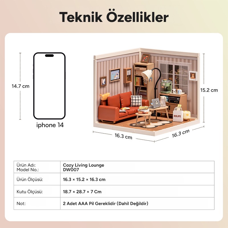 Rolife DW007 Konforlu Oturma Odası (Cozy Living Lounge) DIY Minyatür Maket Model Seti Mini Dollhouse 3D Model Kit Detaylı Dekoratif Hobi Seti 3D Puzzle Tiny House