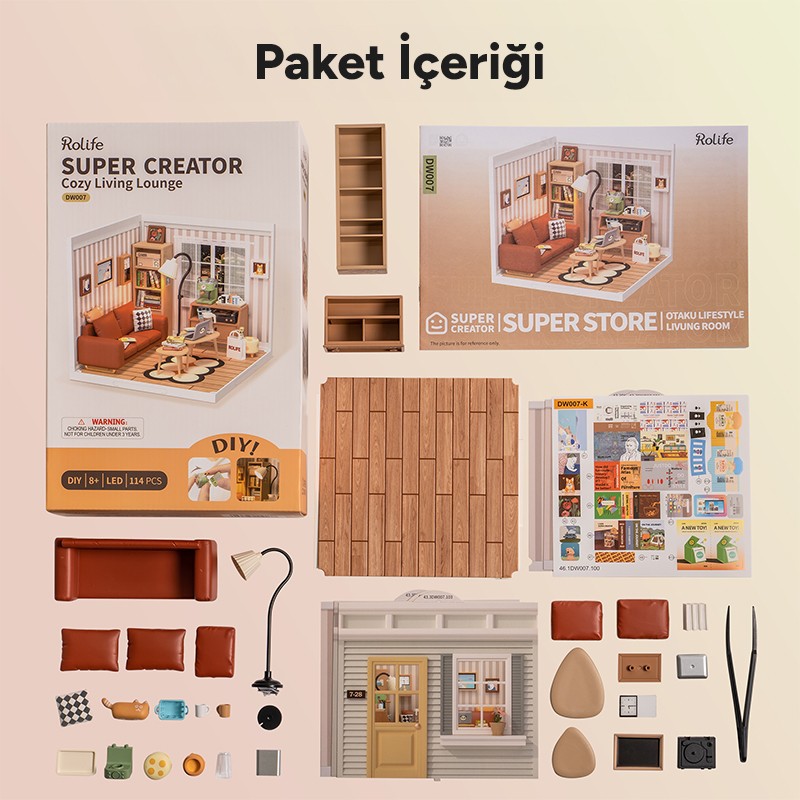 Rolife DW007 Konforlu Oturma Odası (Cozy Living Lounge) DIY Minyatür Maket Model Seti Mini Dollhouse 3D Model Kit Detaylı Dekoratif Hobi Seti 3D Puzzle Tiny House