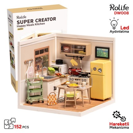 Rolife - Rolife DW008 Mutlu Yemekler Mutfağı Happy Meals Kitchen DIY Minyatür Maket Model Seti Mini Dollhouse 3D Model Kit Detaylı Dekoratif Hobi Seti 3D Puzzle Tiny House