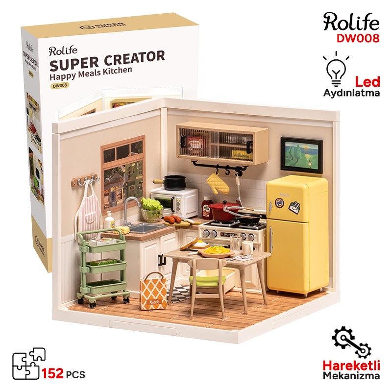 Rolife DW008 Mutlu Yemekler Mutfağı Happy Meals Kitchen DIY Minyatür Maket Model Seti Mini Dollhouse 3D Model Kit Detaylı Dekoratif Hobi Seti 3D Puzzle Tiny House