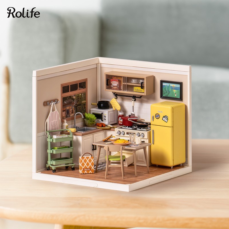 Rolife DW008 Mutlu Yemekler Mutfağı Happy Meals Kitchen DIY Minyatür Maket Model Seti Mini Dollhouse 3D Model Kit Detaylı Dekoratif Hobi Seti 3D Puzzle Tiny House