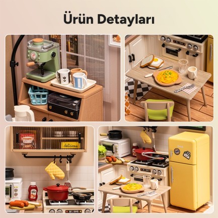 Rolife DW008 Mutlu Yemekler Mutfağı Happy Meals Kitchen DIY Minyatür Maket Model Seti Mini Dollhouse 3D Model Kit Detaylı Dekoratif Hobi Seti 3D Puzzle Tiny House - Thumbnail