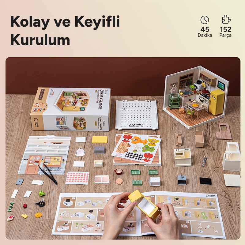 Rolife DW008 Mutlu Yemekler Mutfağı Happy Meals Kitchen DIY Minyatür Maket Model Seti Mini Dollhouse 3D Model Kit Detaylı Dekoratif Hobi Seti 3D Puzzle Tiny House