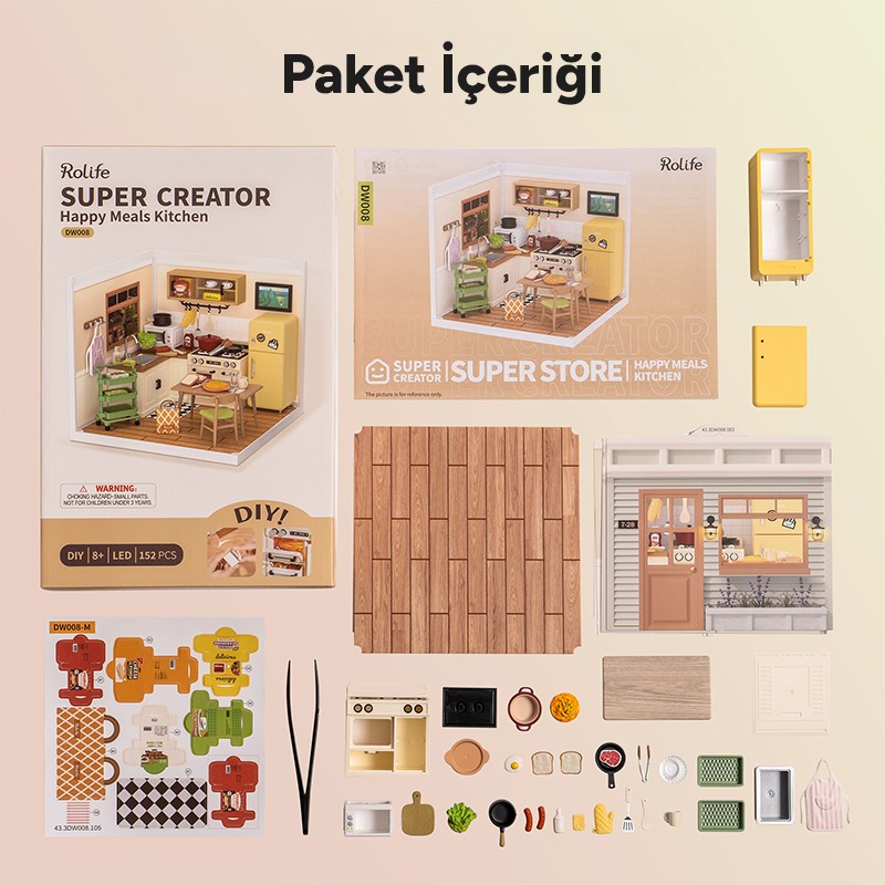 Rolife DW008 Mutlu Yemekler Mutfağı Happy Meals Kitchen DIY Minyatür Maket Model Seti Mini Dollhouse 3D Model Kit Detaylı Dekoratif Hobi Seti 3D Puzzle Tiny House