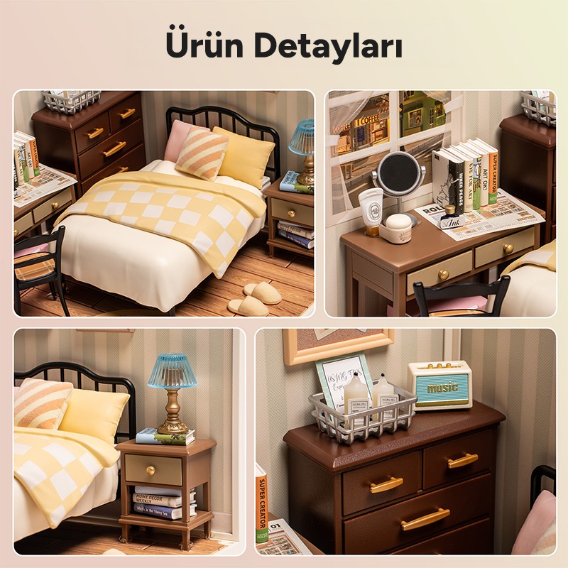 Rolife DW009 Tatlı Rüya Yatak Odası Sweet Dream Bedroom DIY Minyatür Maket Model Seti Mini Dollhouse 3D Model Kit Detaylı Dekoratif Hobi Seti 3D Puzzle Tiny House