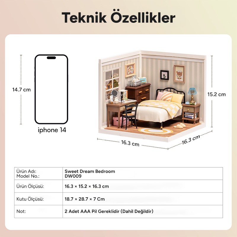 Rolife DW009 Tatlı Rüya Yatak Odası Sweet Dream Bedroom DIY Minyatür Maket Model Seti Mini Dollhouse 3D Model Kit Detaylı Dekoratif Hobi Seti 3D Puzzle Tiny House