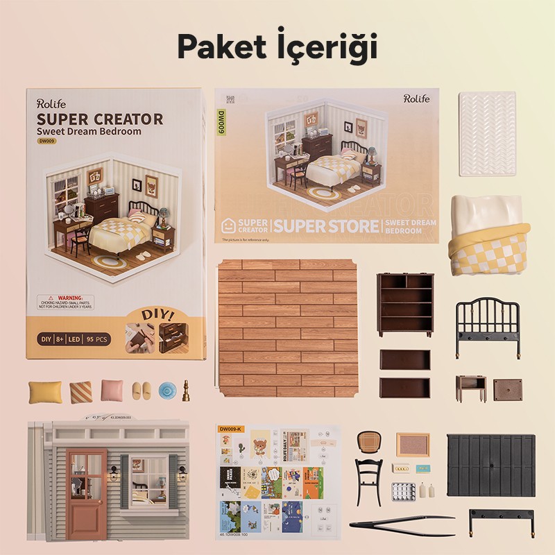 Rolife DW009 Tatlı Rüya Yatak Odası Sweet Dream Bedroom DIY Minyatür Maket Model Seti Mini Dollhouse 3D Model Kit Detaylı Dekoratif Hobi Seti 3D Puzzle Tiny House