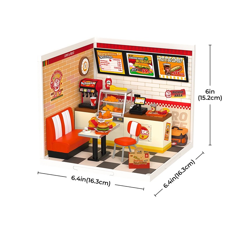 Rolife DW010 Hamburger Dükkanı (Yum Yum Burgers) DIY Minyatür Maket Model Seti Mini Dollhouse 3D Model Kit Detaylı Dekoratif Hobi Seti 3D Puzzle Tiny House