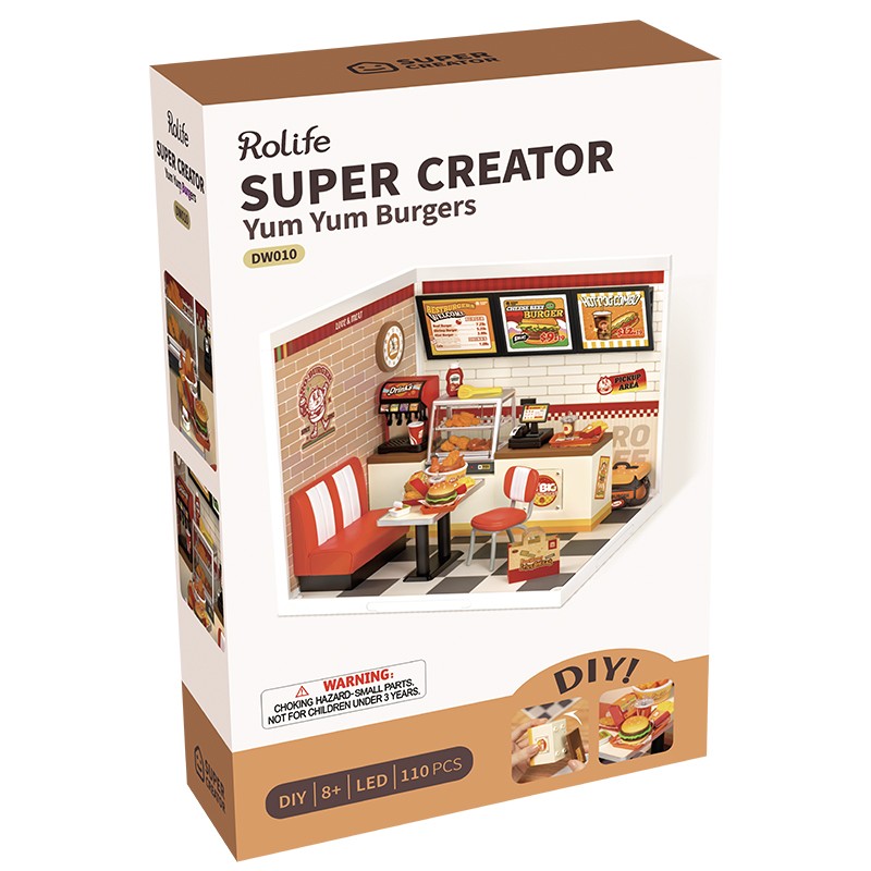Rolife DW010 Hamburger Dükkanı (Yum Yum Burgers) DIY Minyatür Maket Model Seti Mini Dollhouse 3D Model Kit Detaylı Dekoratif Hobi Seti 3D Puzzle Tiny House