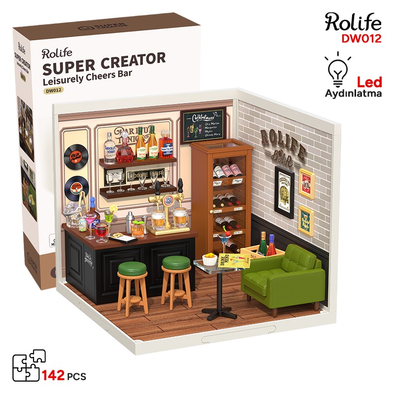 Rolife DW012 Keyifli İçki Barı (Leisurely Cheers Bar) DIY Minyatür Maket Model Seti Mini Dollhouse 3D Model Kit Detaylı Dekoratif Hobi Seti 3D Puzzle Tiny House